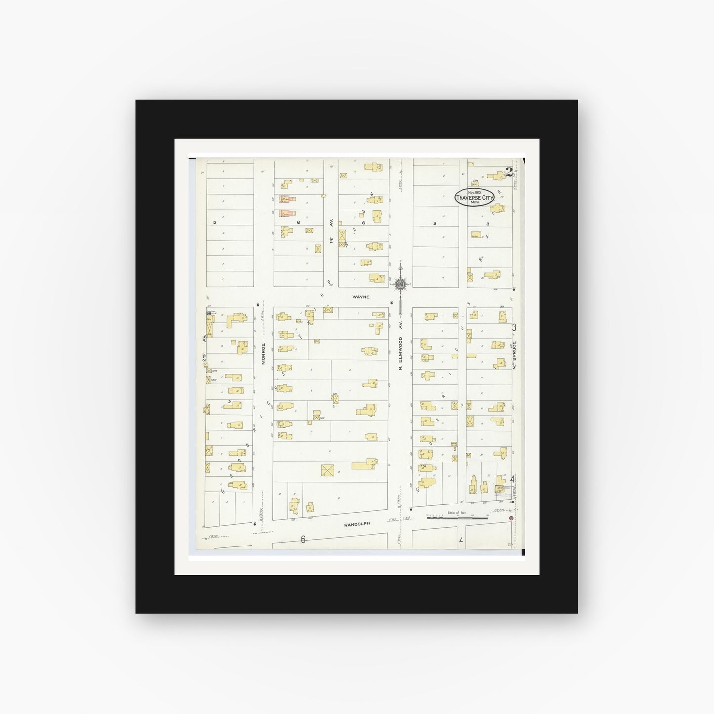 Old map wall art mockup — black gallery frame with white mat — Sanborn Fire Insurance Map from Traverse City, Grand Traverse County, Michigan (1910), Sheet #0002
