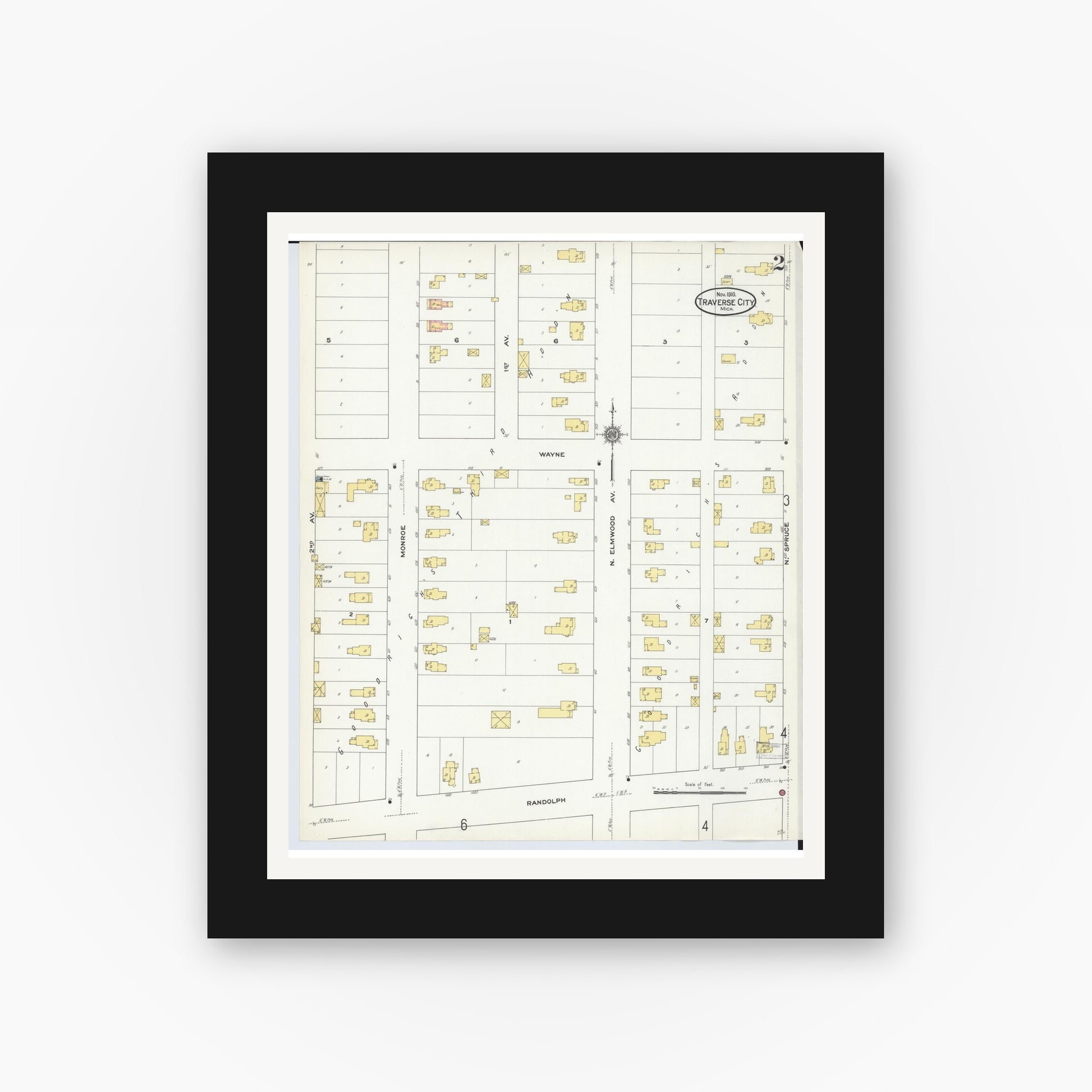 Old map wall art mockup — black gallery frame with white mat — Sanborn Fire Insurance Map from Traverse City, Grand Traverse County, Michigan (1910), Sheet #0002
