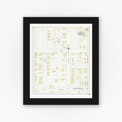Old map wall art mockup — black gallery frame with white mat — Sanborn Fire Insurance Map from Traverse City, Grand Traverse County, Michigan (1910), Sheet #0002