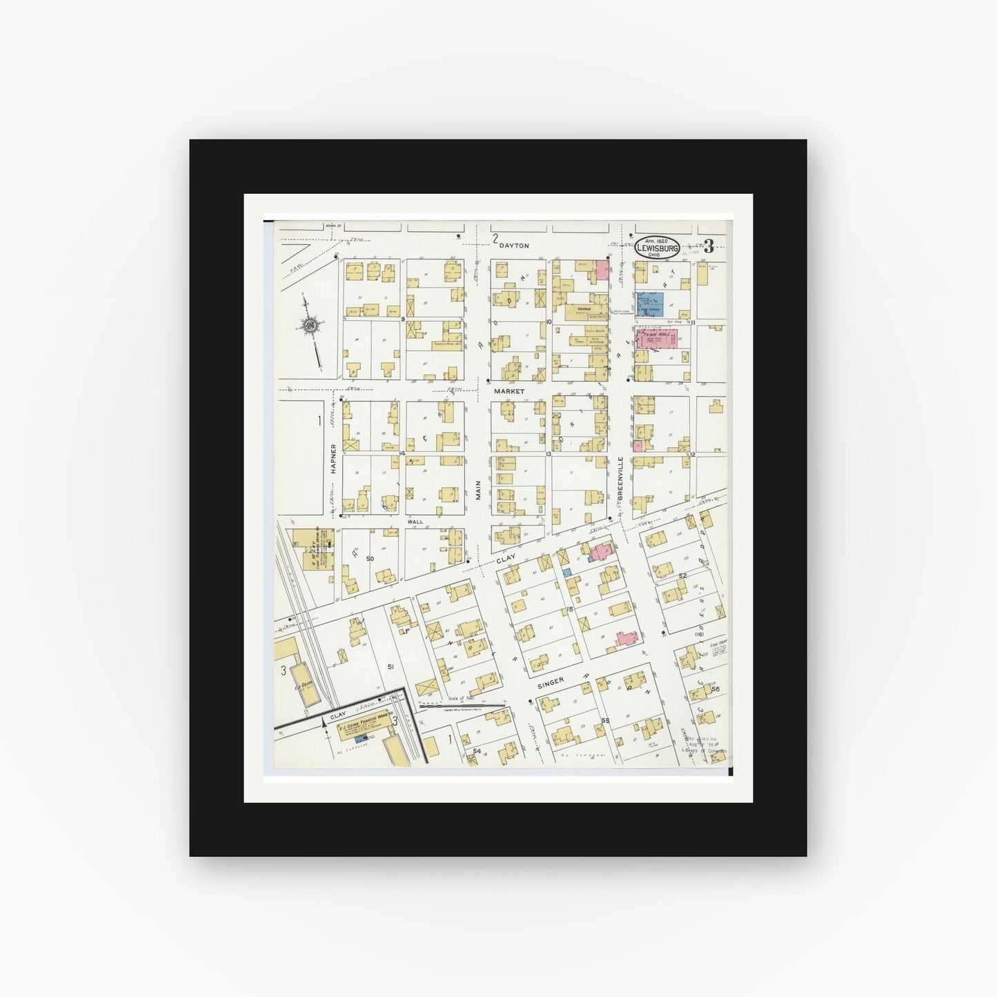 Old map wall art mockup — black gallery frame with white mat — Sanborn Fire Insurance Map from Lewisburg, Preble County, Ohio (1920), Sheet #0003