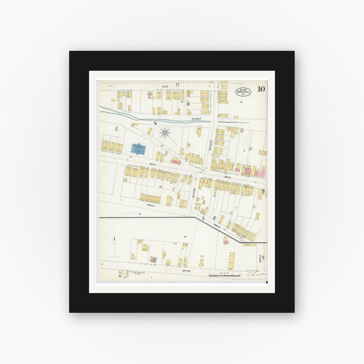 Old map wall art mockup — black gallery frame with white mat — Sanborn Fire Insurance Map from Bristol, Bucks County, Pennsylvania (1903), Sheet #0010
