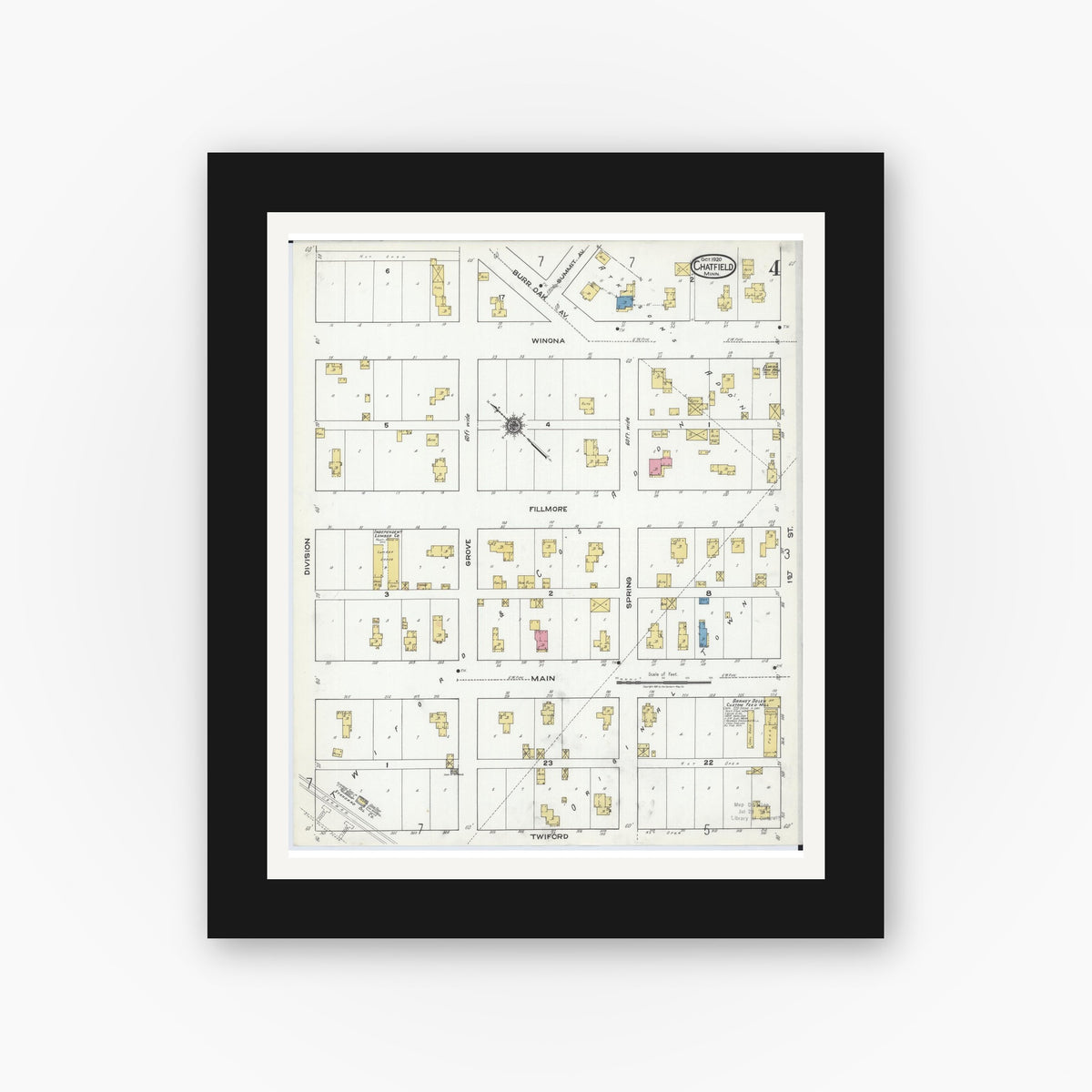 Old map wall art mockup — black gallery frame with white mat — Sanborn Fire Insurance Map from Chatfield, Fillmore And Olmsted Counties, Minnesota (1920), Sheet #0004