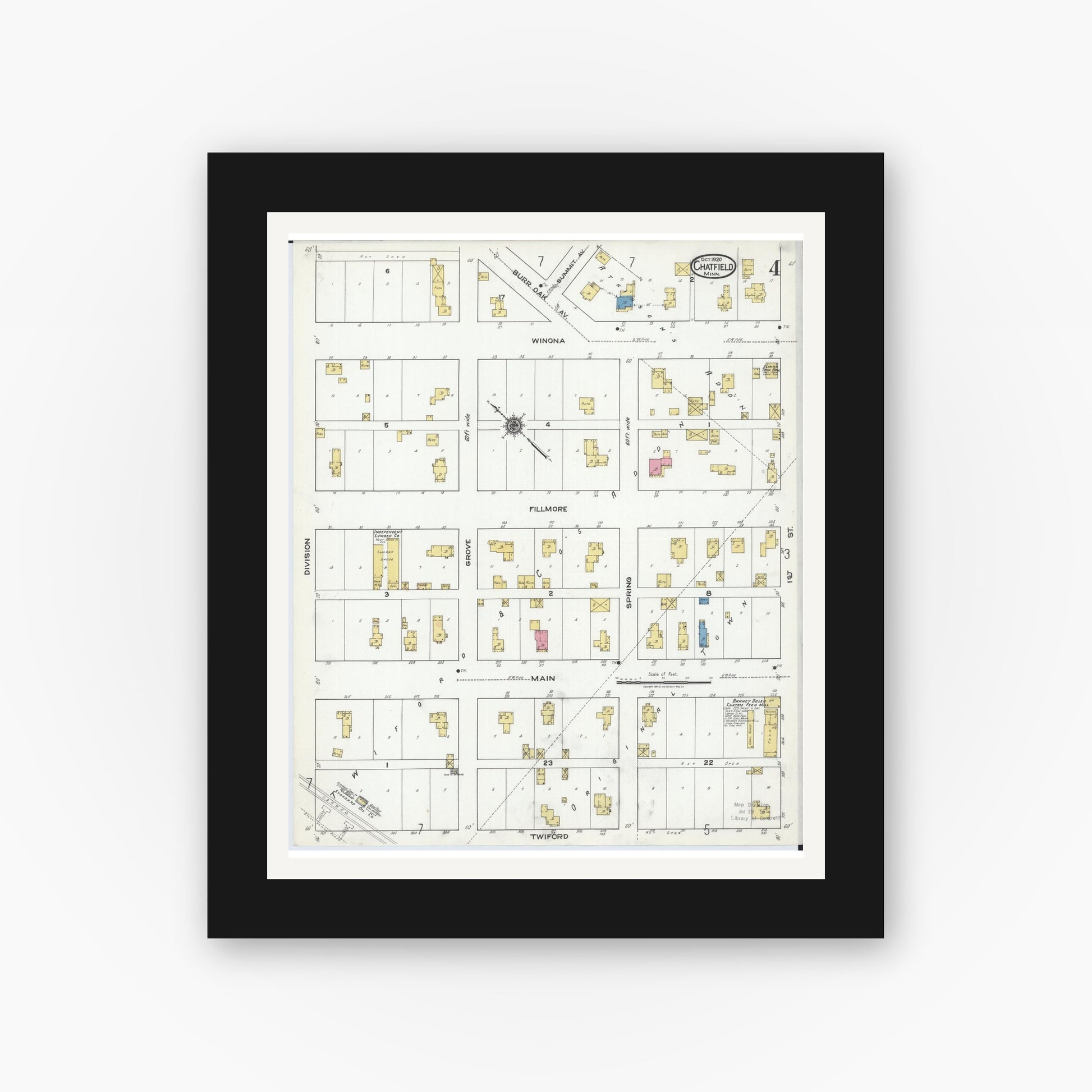Old map wall art mockup — black gallery frame with white mat — Sanborn Fire Insurance Map from Chatfield, Fillmore And Olmsted Counties, Minnesota (1920), Sheet #0004