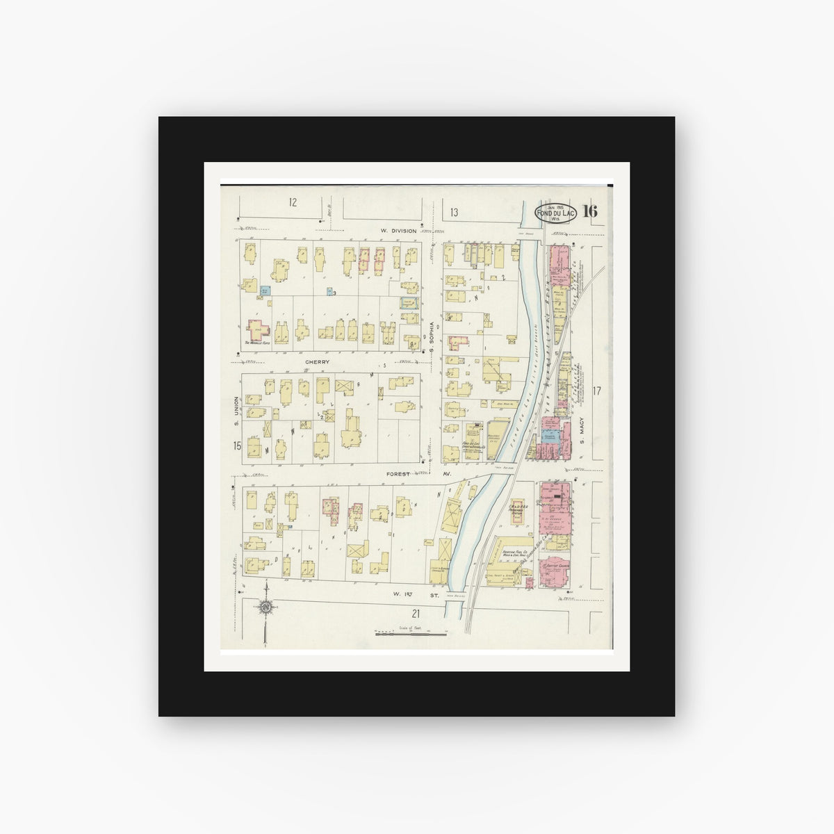Old map wall art mockup — black gallery frame with white mat — Sanborn Fire Insurance Map from Fond du Lac, Fond du Lac County, Wisconsin (1915), Sheet #0016
