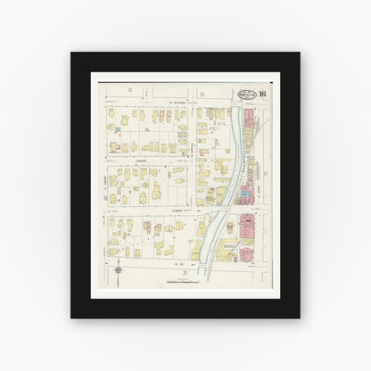 Old map wall art mockup — black gallery frame with white mat — Sanborn Fire Insurance Map from Fond du Lac, Fond du Lac County, Wisconsin (1915), Sheet #0016