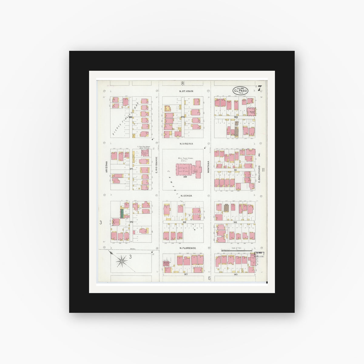 Old map wall art mockup — black gallery frame with white mat — Sanborn Fire Insurance Map from El Paso, El Paso County, Texas (1905), Sheet #0007