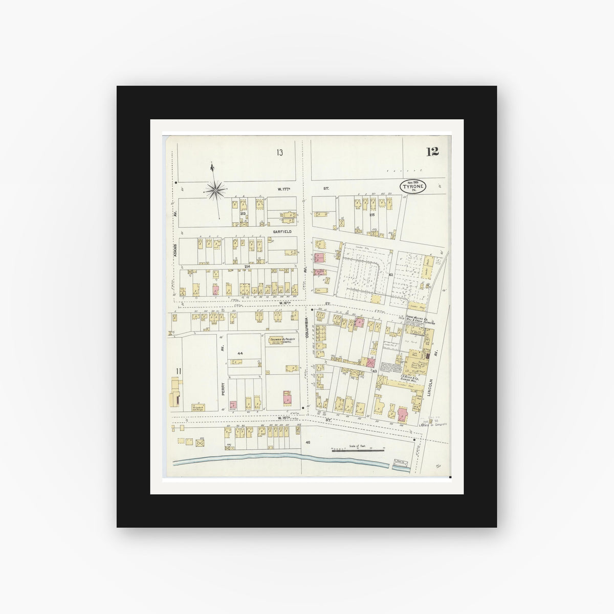Old map wall art mockup — black gallery frame with white mat — Sanborn Fire Insurance Map from Tyrone, Blair County, Pennsylvania (1906), Sheet #0012
