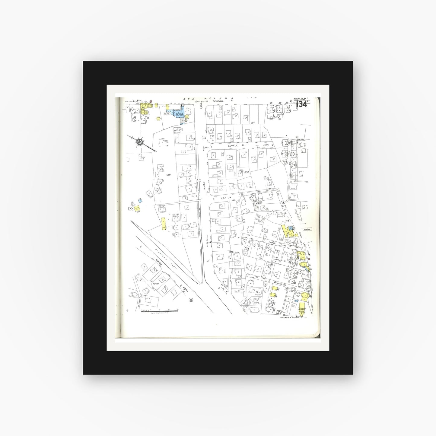 Old map wall art mockup — black gallery frame with white mat — Sanborn Fire Insurance Map from Honolulu, Oahu County, Hawaii (1955), Sheet #0134