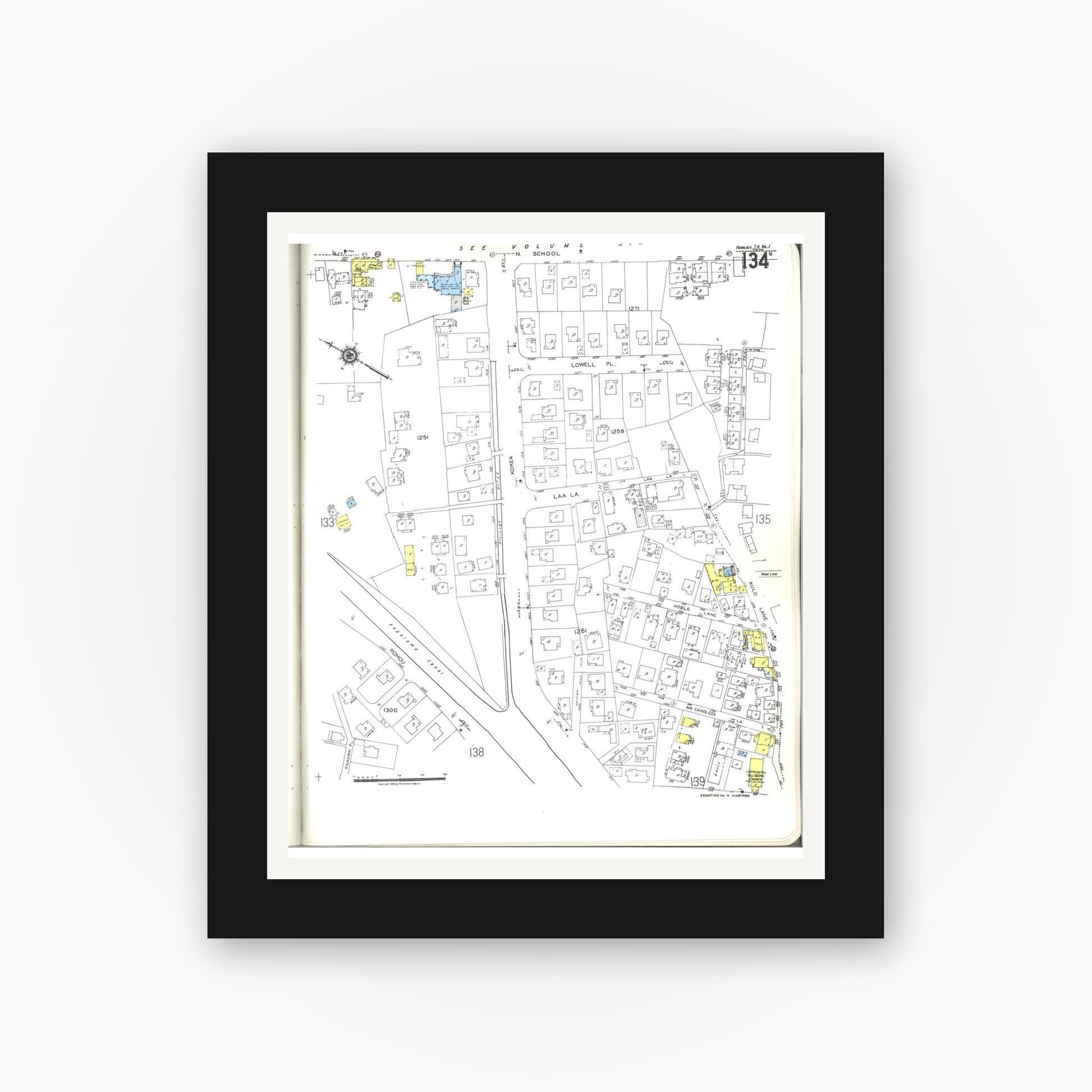Old map wall art mockup — black gallery frame with white mat — Sanborn Fire Insurance Map from Honolulu, Oahu County, Hawaii (1955), Sheet #0134