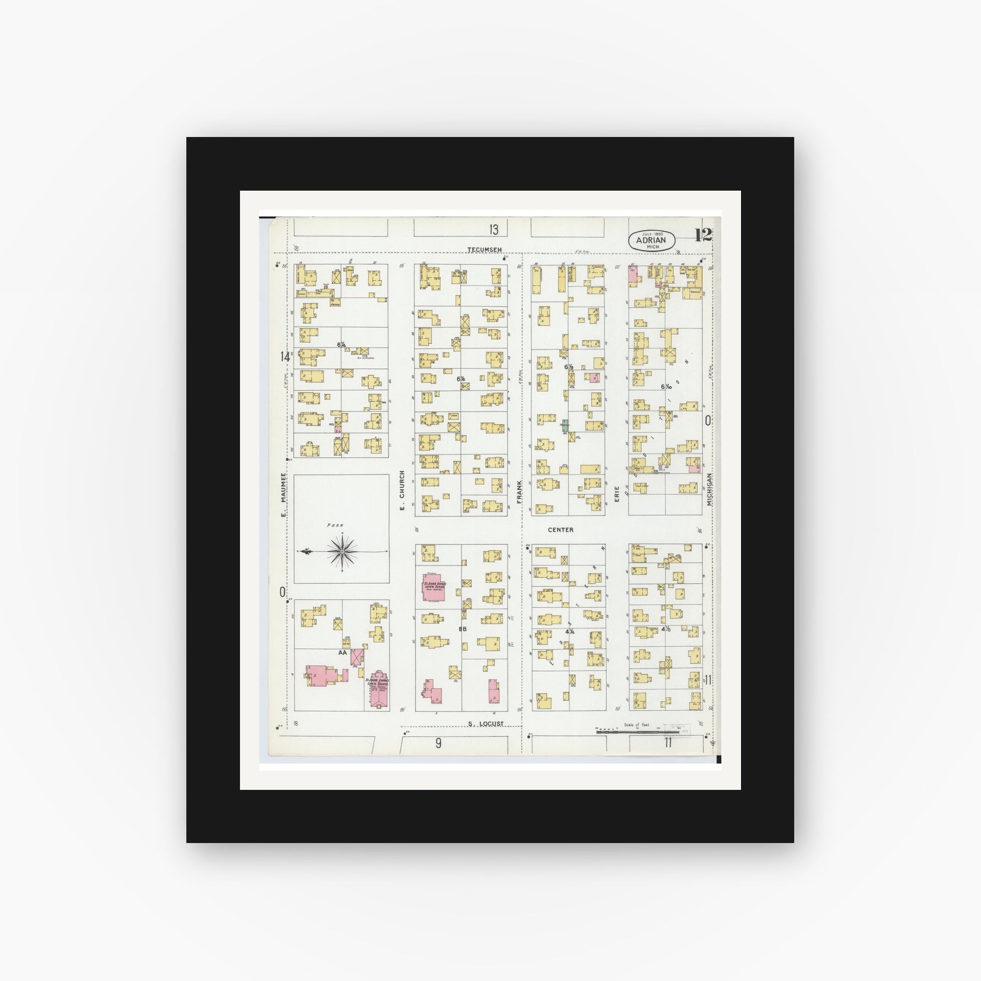 Old map wall art mockup — black gallery frame with white mat — Sanborn Fire Insurance Map from Adrian, Lenawee County, Michigan (1899), Sheet #0012