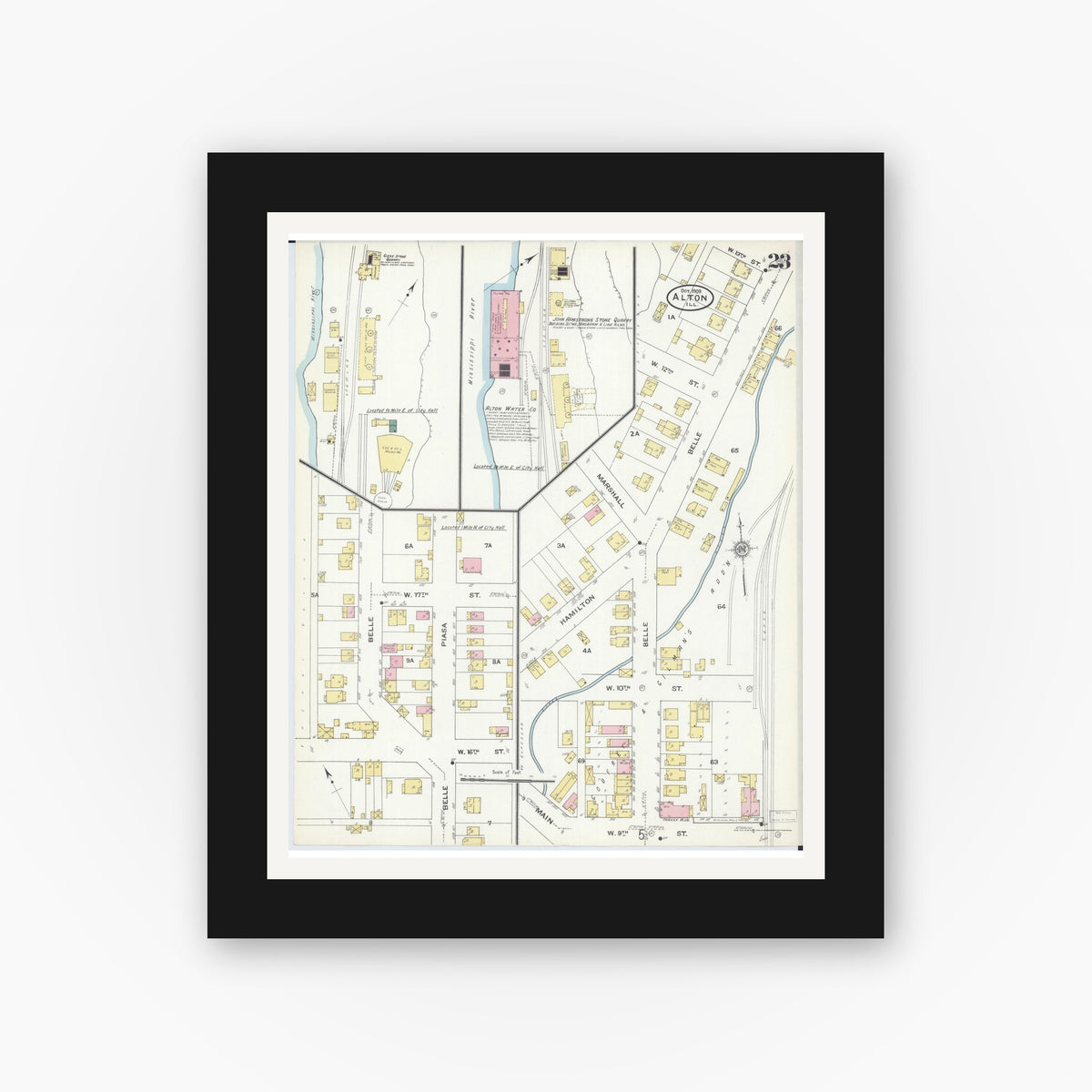 Old map wall art mockup — black gallery frame with white mat — Sanborn Fire Insurance Map from Alton, Madison County, Illinois (1909), Sheet #0023