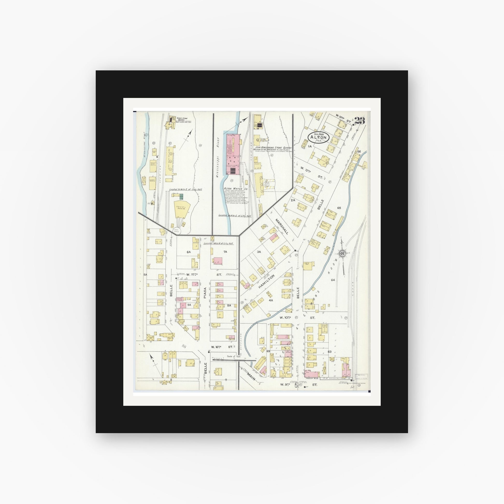 Old map wall art mockup — black gallery frame with white mat — Sanborn Fire Insurance Map from Alton, Madison County, Illinois (1909), Sheet #0023