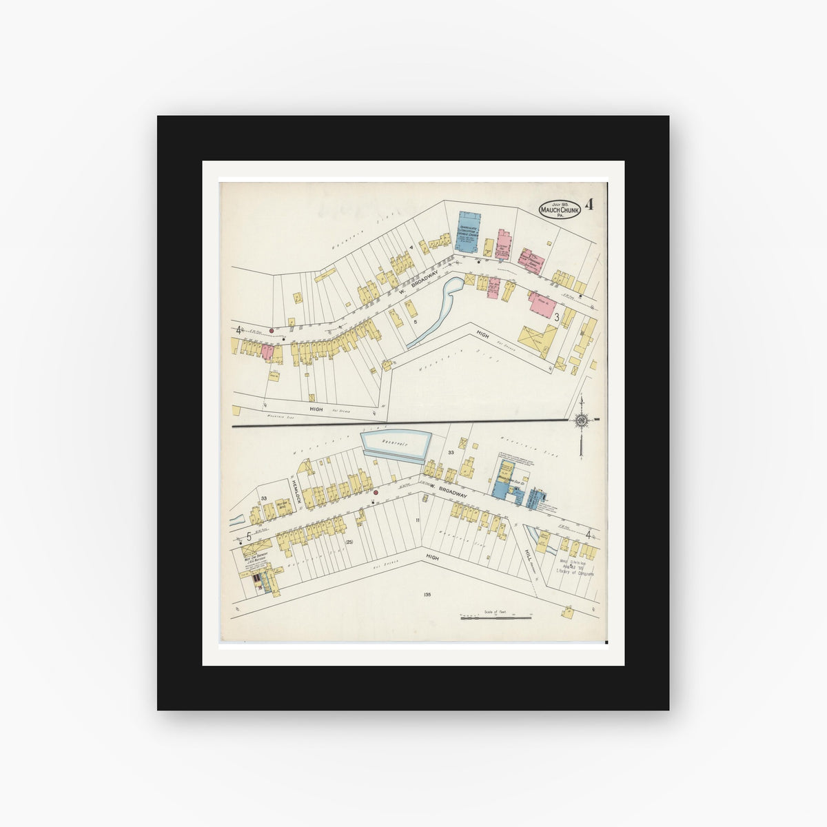 Old map wall art mockup — black gallery frame with white mat — Sanborn Fire Insurance Map from Mauch Chunk, Carbon County, Pennsylvania (1915), Sheet #0004