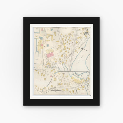 Old map wall art mockup — black gallery frame with white mat — Sanborn Fire Insurance Map from Hingham, Plymouth County, Massachusetts (1948), Sheet #0008