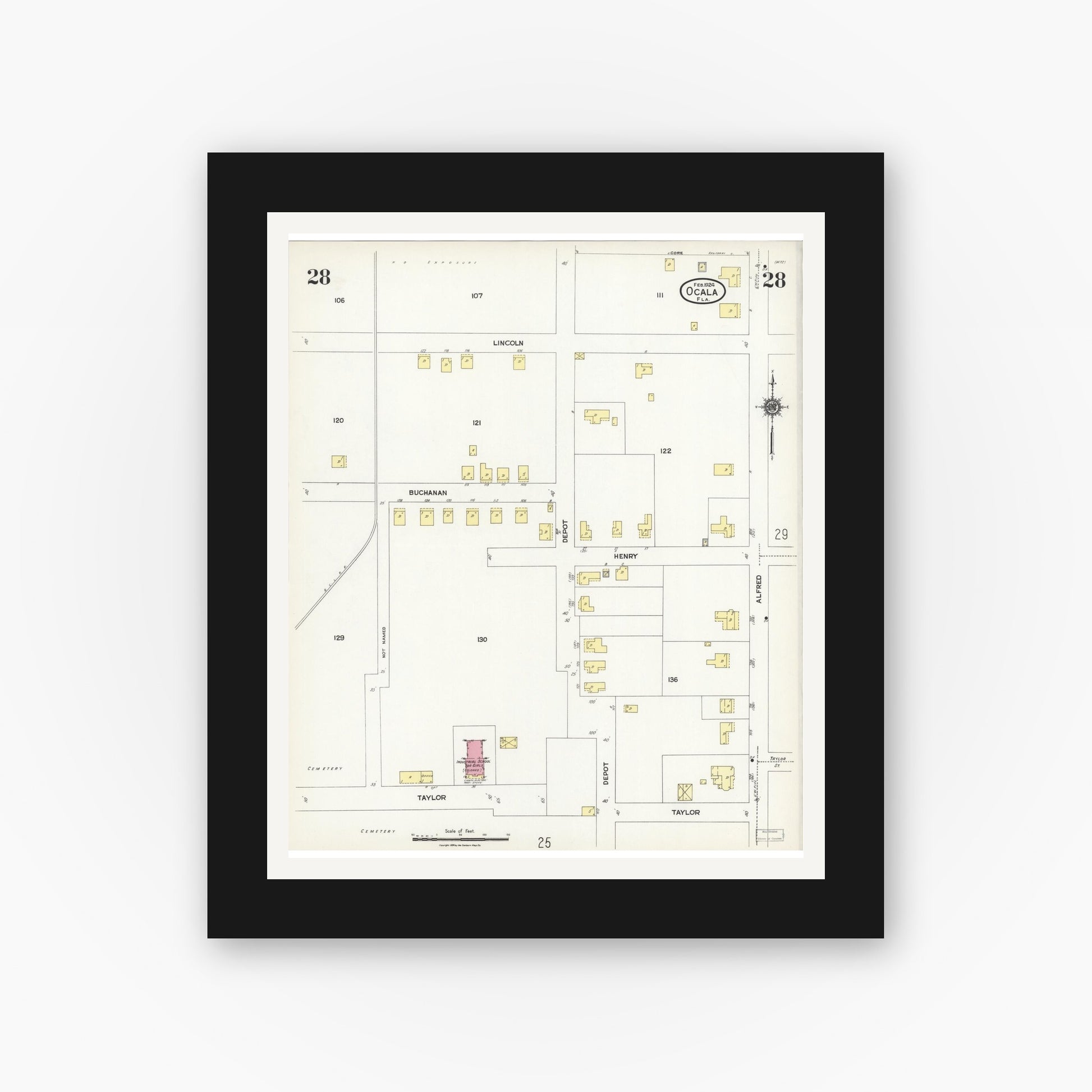 Old map wall art mockup — black gallery frame with white mat — Sanborn Fire Insurance Map from Ocala, Marion County, Florida (1924), Sheet #0028