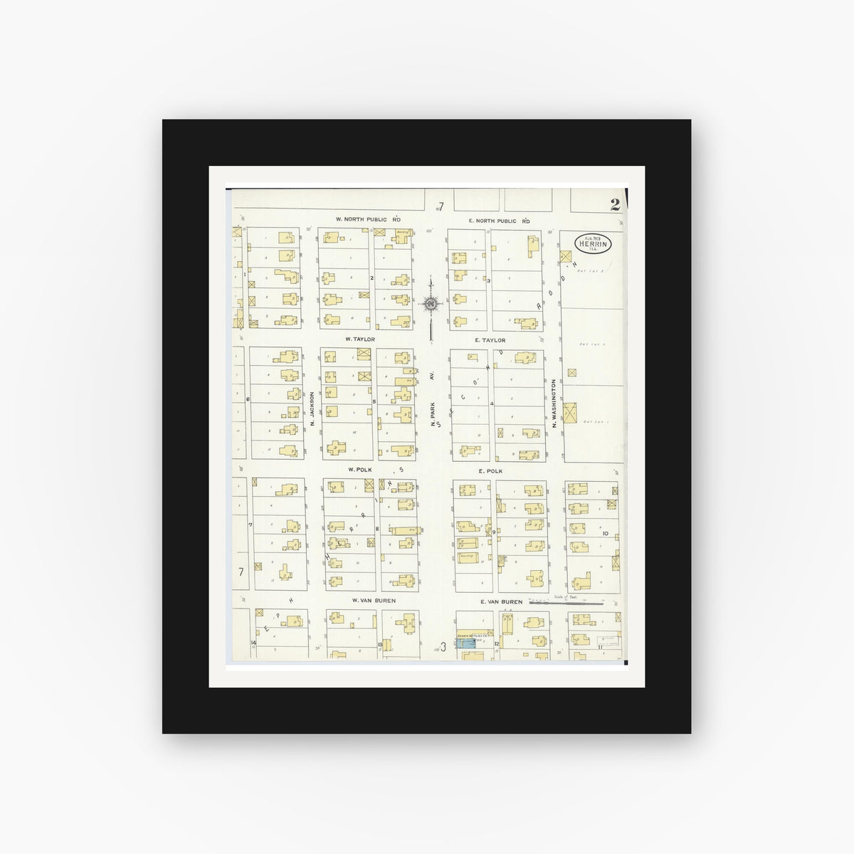 Old map wall art mockup — black gallery frame with white mat — Sanborn Fire Insurance Map from Herrin, Williamson County, Illinois (1909), Sheet #0002