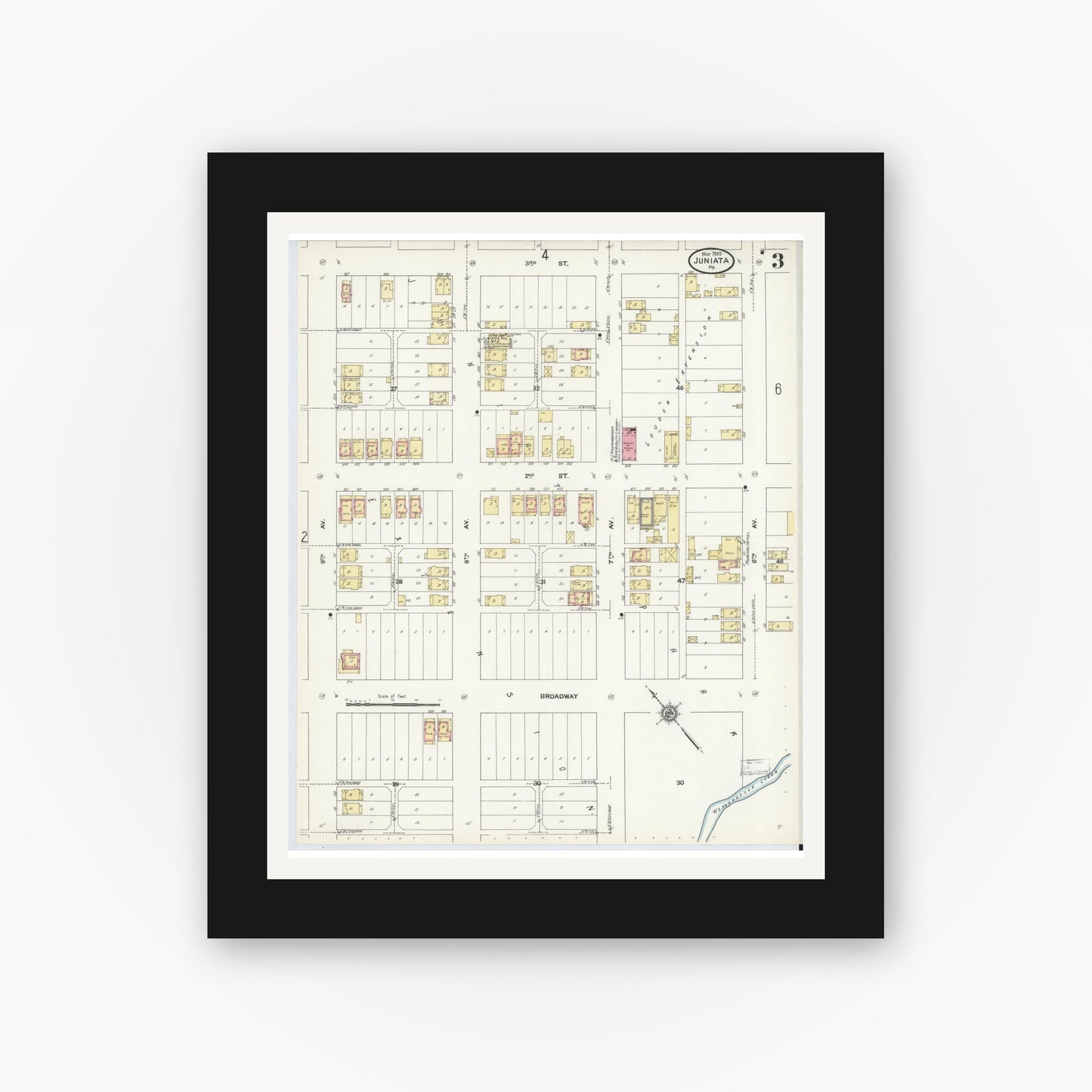 Old map wall art mockup — black gallery frame with white mat — Sanborn Fire Insurance Map from Juniata, Blair County, Pennsylvania (1910), Sheet #0003