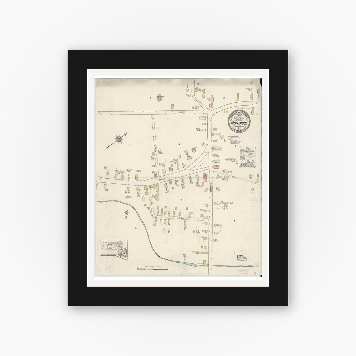 Old map wall art mockup — black gallery frame with white mat — Sanborn Fire Insurance Map from Montague, Franklin County, Massachusetts (1914), Sheet #0001
