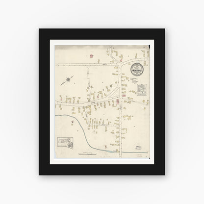 Old map wall art mockup — black gallery frame with white mat — Sanborn Fire Insurance Map from Montague, Franklin County, Massachusetts (1914), Sheet #0001