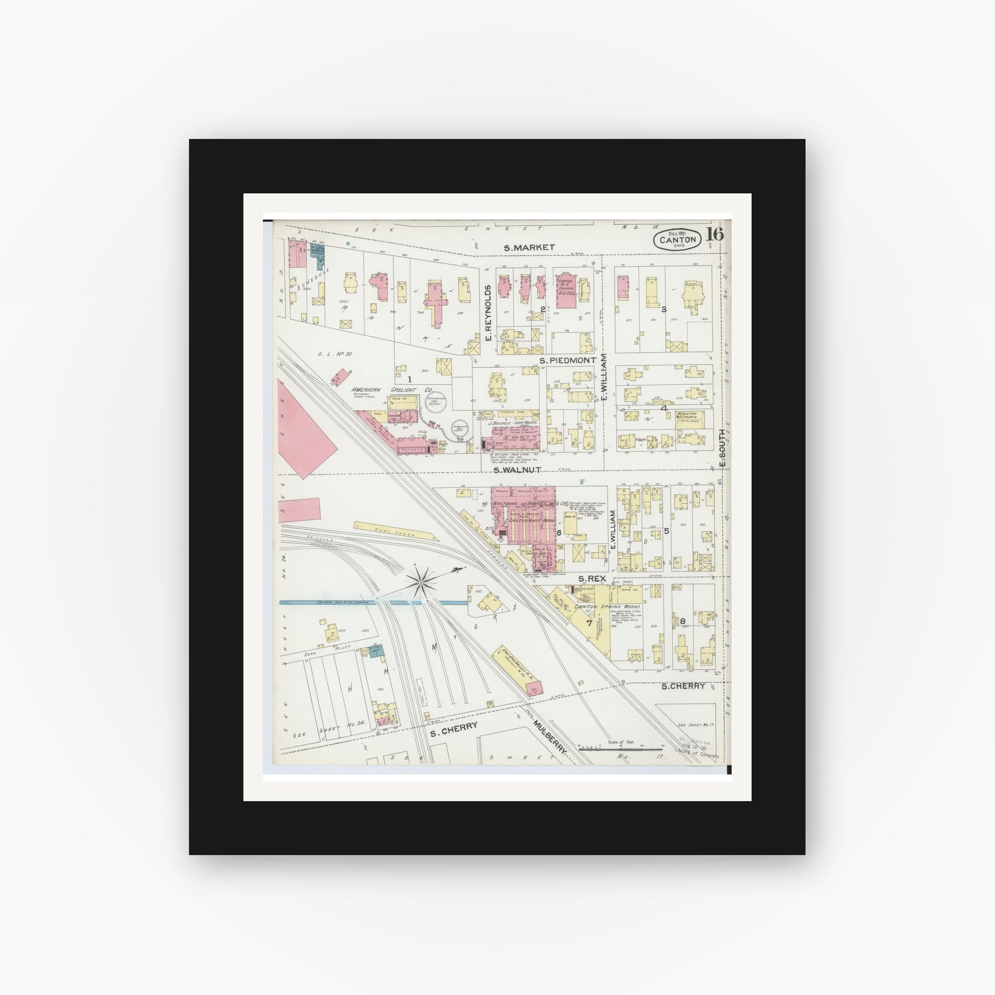 Old map wall art mockup — black gallery frame with white mat — Sanborn Fire Insurance Map from Canton, Stark County, Ohio (1891), Sheet #0016