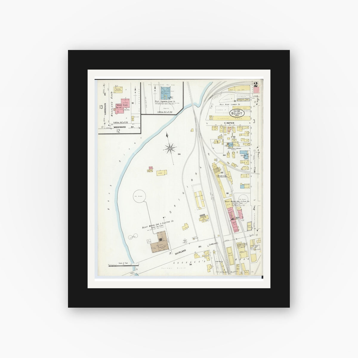 Old map wall art mockup — black gallery frame with white mat — Sanborn Fire Insurance Map from Beloit, Rock County, Wisconsin (1908), Sheet #0002