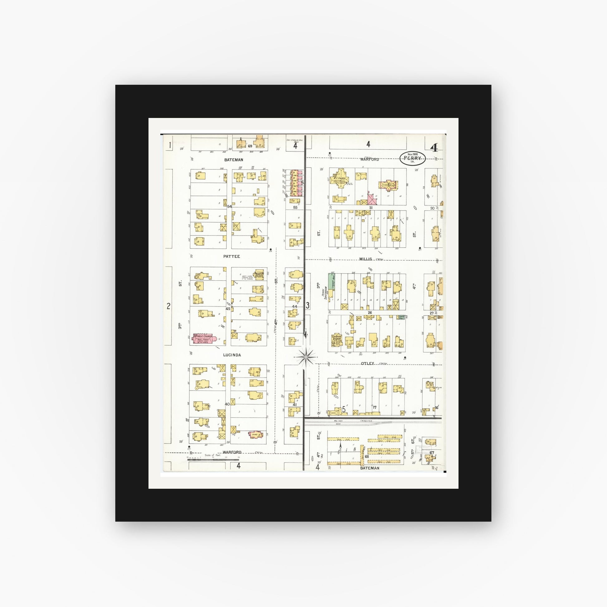 Old map wall art mockup — black gallery frame with white mat — Sanborn Fire Insurance Map from Perry, Dallas County, Iowa (1900), Sheet #0004