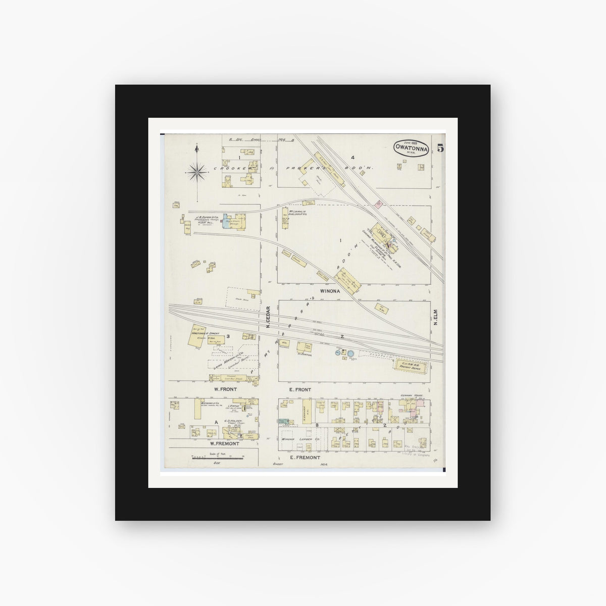 Old map wall art mockup — black gallery frame with white mat — Sanborn Fire Insurance Map from Owatonna, Steele County, Minnesota (1889), Sheet #0005