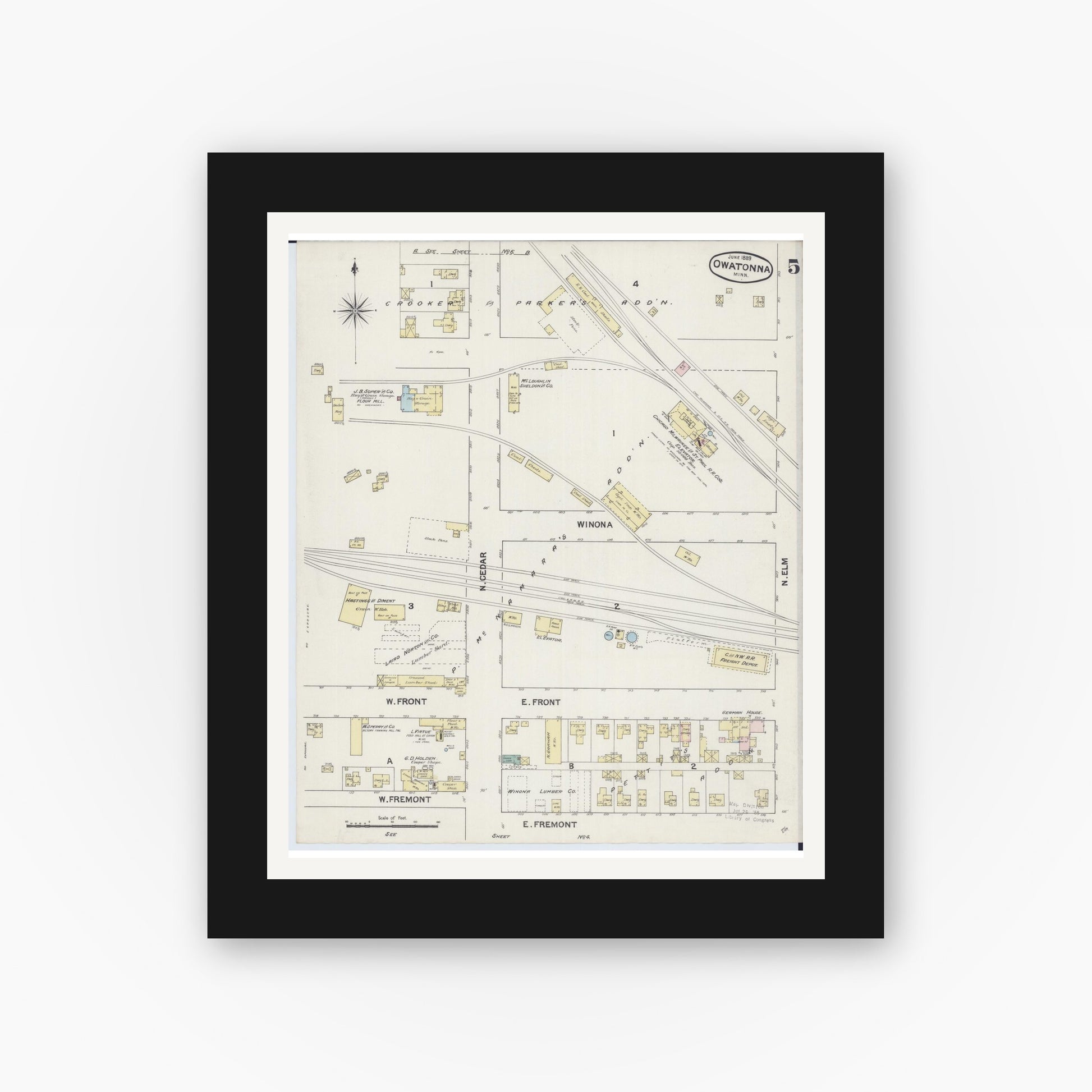 Old map wall art mockup — black gallery frame with white mat — Sanborn Fire Insurance Map from Owatonna, Steele County, Minnesota (1889), Sheet #0005