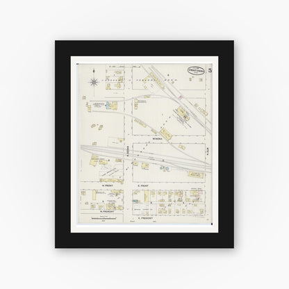 Old map wall art mockup — black gallery frame with white mat — Sanborn Fire Insurance Map from Owatonna, Steele County, Minnesota (1889), Sheet #0005