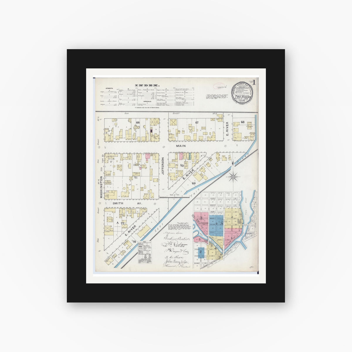 Old map wall art mockup — black gallery frame with white mat — Sanborn Fire Insurance Map from Two Rivers, Manitowoc County, Wisconsin (1891) - Complete Map Set