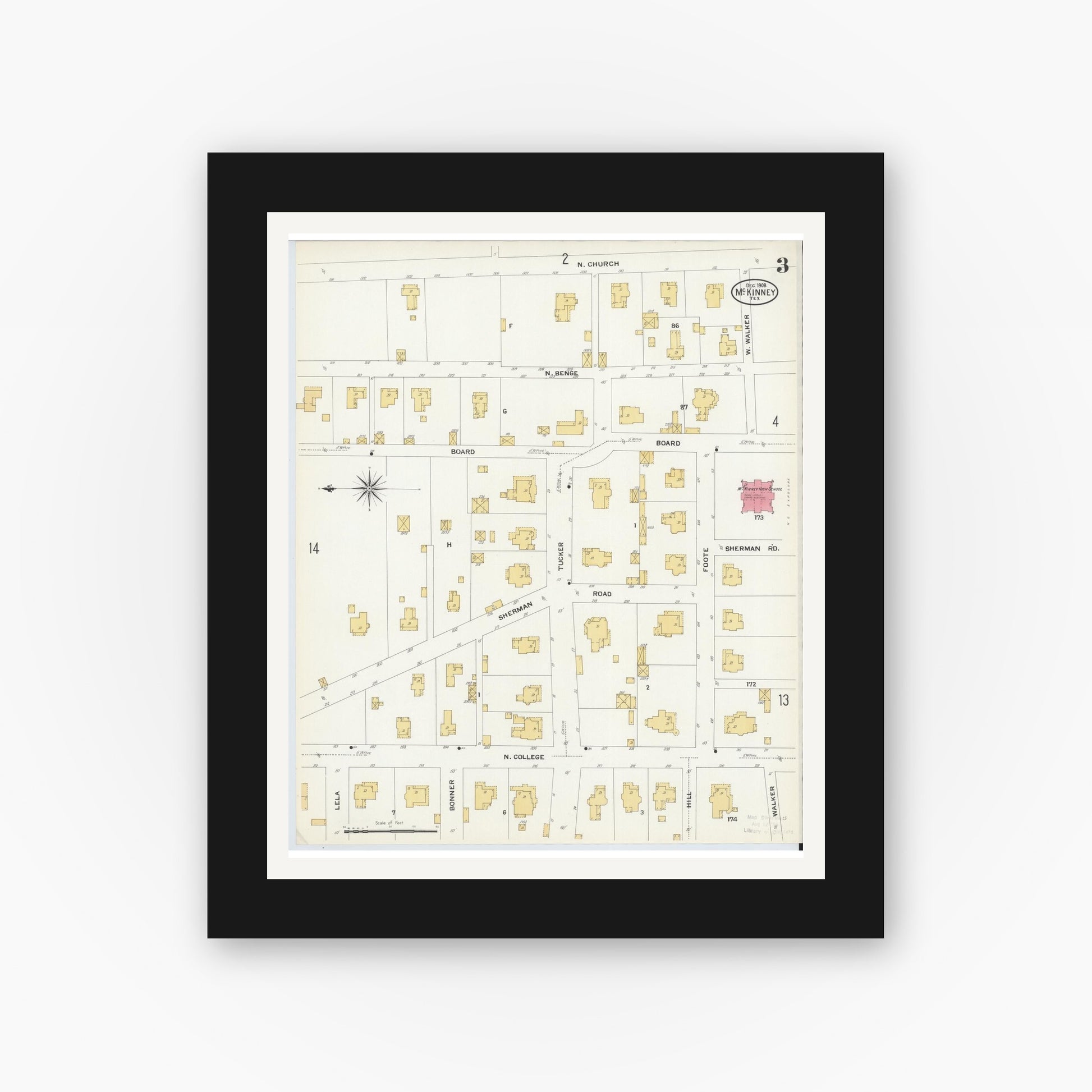Old map wall art mockup — black gallery frame with white mat — Sanborn Fire Insurance Map from McKinney, Collin County, Texas (1908), Sheet #0003