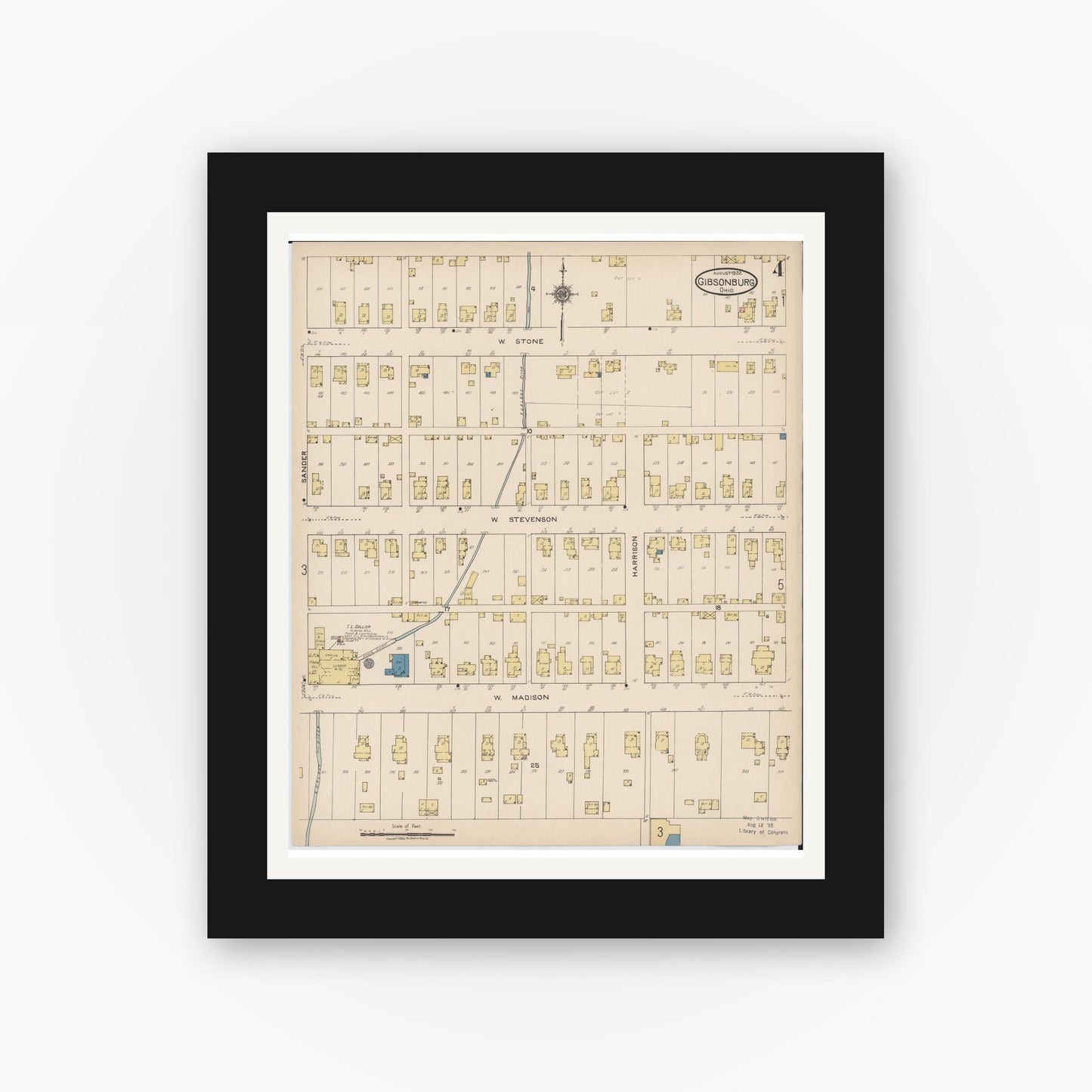 Old map wall art mockup — black gallery frame with white mat — Sanborn Fire Insurance Map from Gibsonburg, Sandusky County, Ohio (1922), Sheet #0004