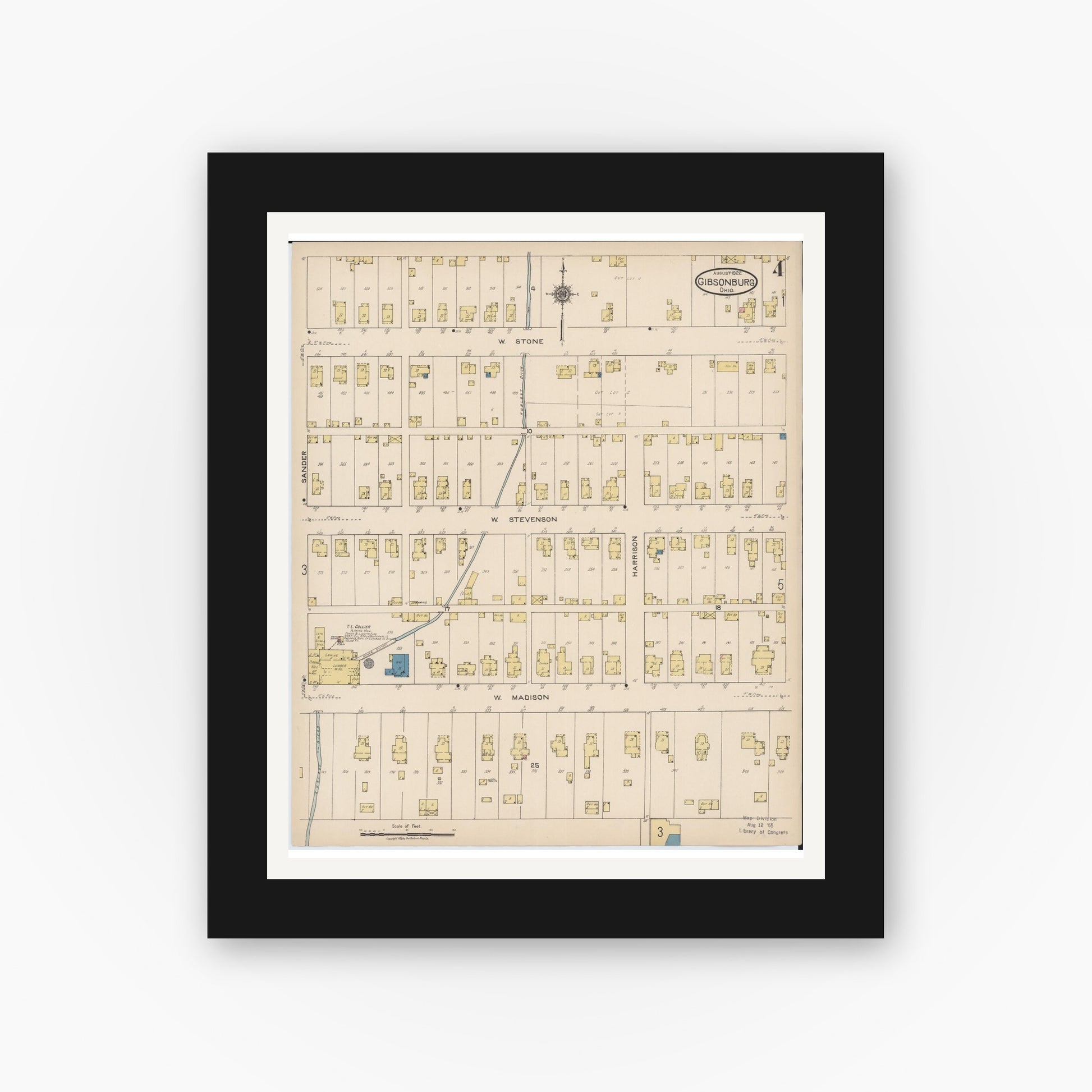 Old map wall art mockup — black gallery frame with white mat — Sanborn Fire Insurance Map from Gibsonburg, Sandusky County, Ohio (1922), Sheet #0004