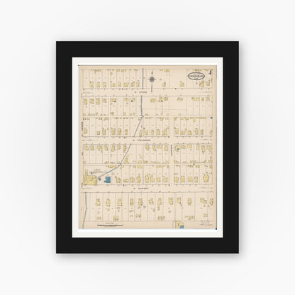 Old map wall art mockup — black gallery frame with white mat — Sanborn Fire Insurance Map from Gibsonburg, Sandusky County, Ohio (1922), Sheet #0004