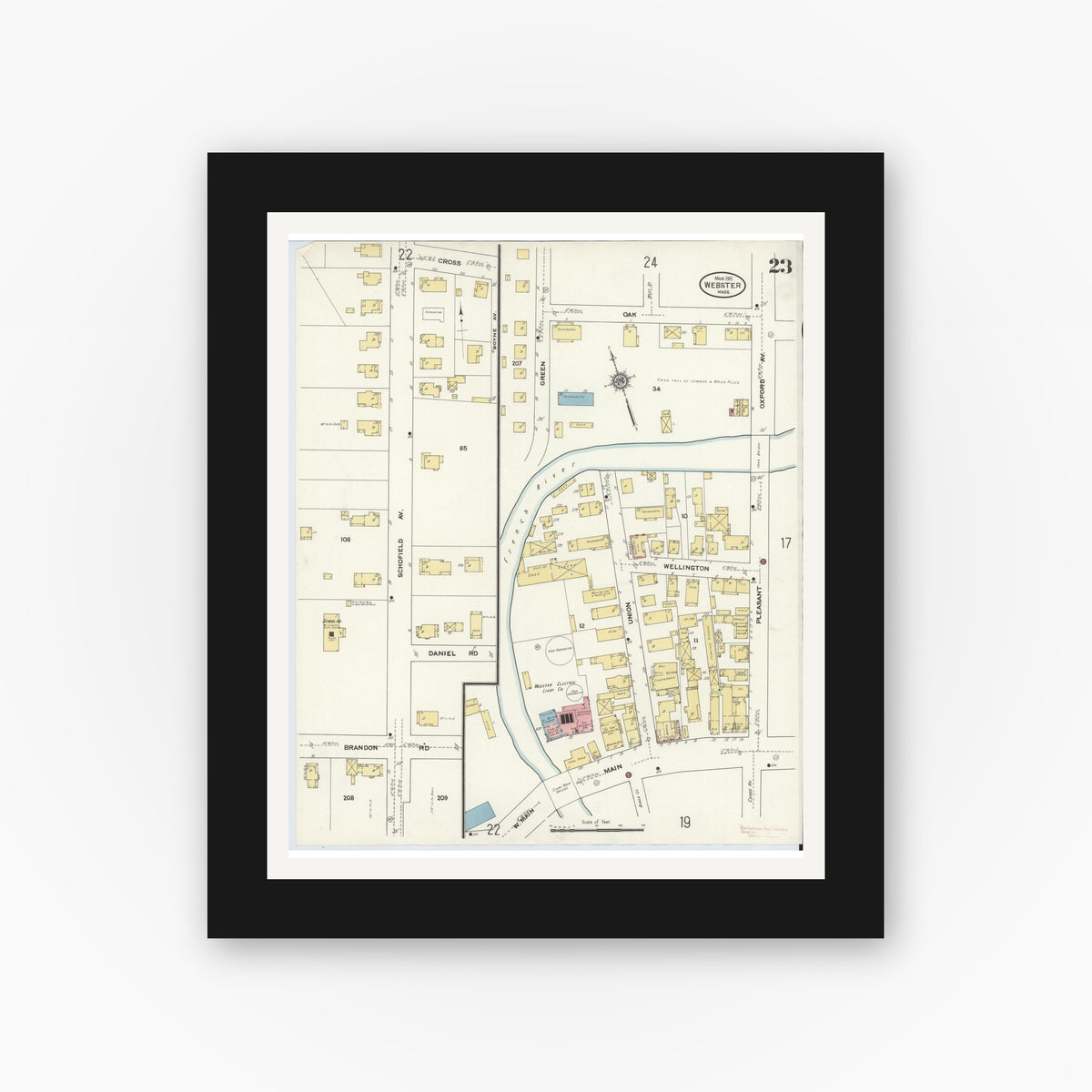 Old map wall art mockup — black gallery frame with white mat — Sanborn Fire Insurance Map from Webster, Worcester County, Massachusetts (1911), Sheet #0023