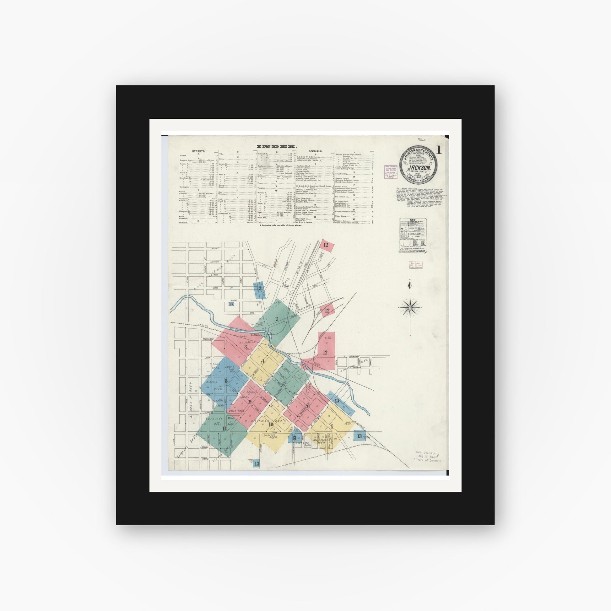 Old map wall art mockup — black gallery frame with white mat — Sanborn Fire Insurance Map from Jackson, Jackson County, Ohio (1905), Sheet #0001