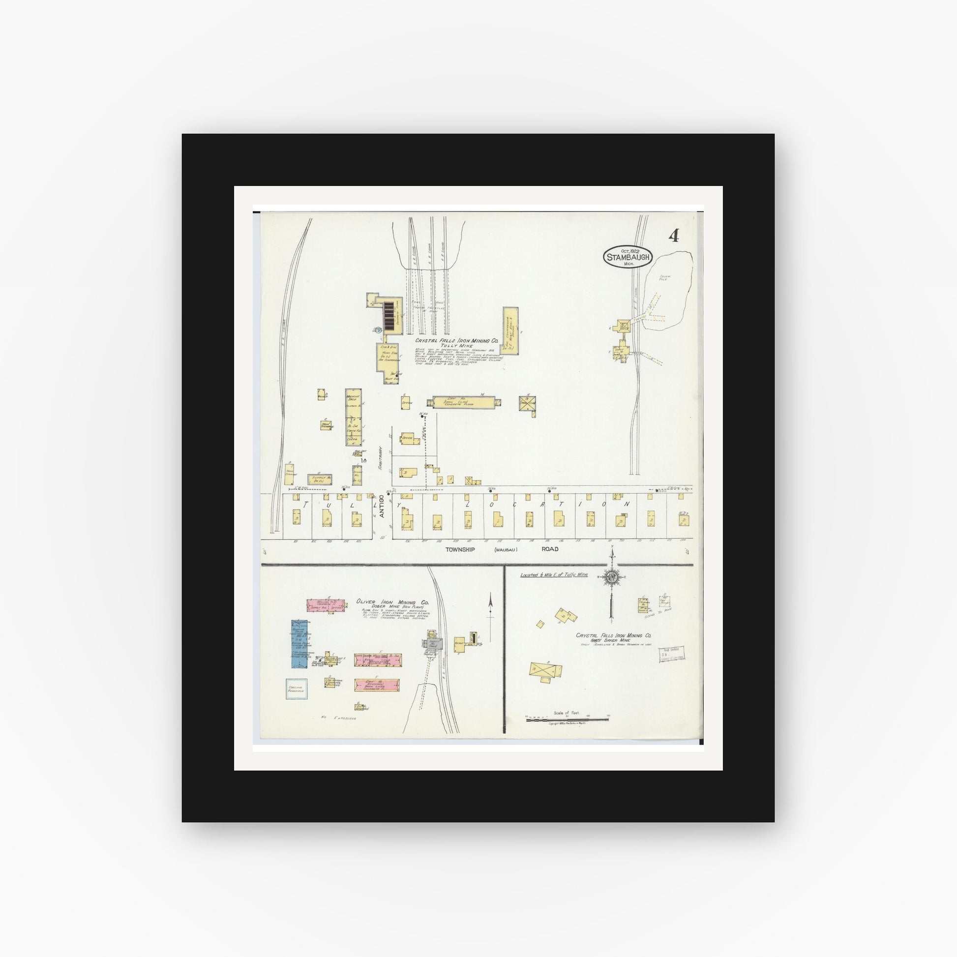 Old map wall art mockup — black gallery frame with white mat — Sanborn Fire Insurance Map from Stambaugh, Iron County, Michigan (1922), Sheet #0004