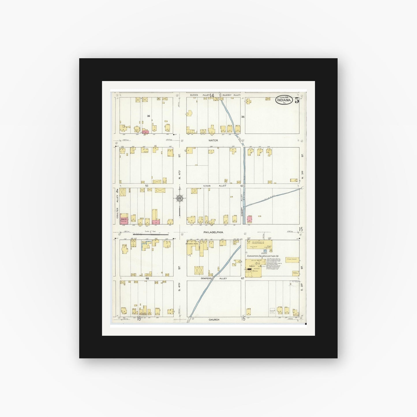 Old map wall art mockup — black gallery frame with white mat — Sanborn Fire Insurance Map from Indiana, Indiana County, Pennsylvania (1916), Sheet #0005