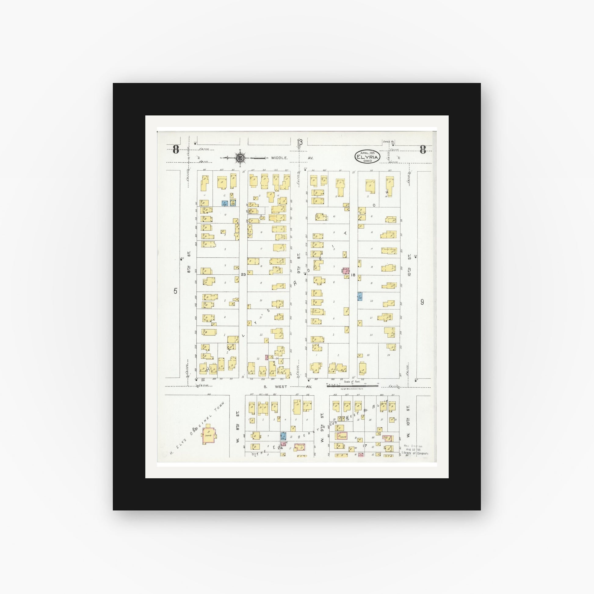 Old map wall art mockup — black gallery frame with white mat — Sanborn Fire Insurance Map from Elyria, Lorain County, Ohio (1925), Sheet #0008