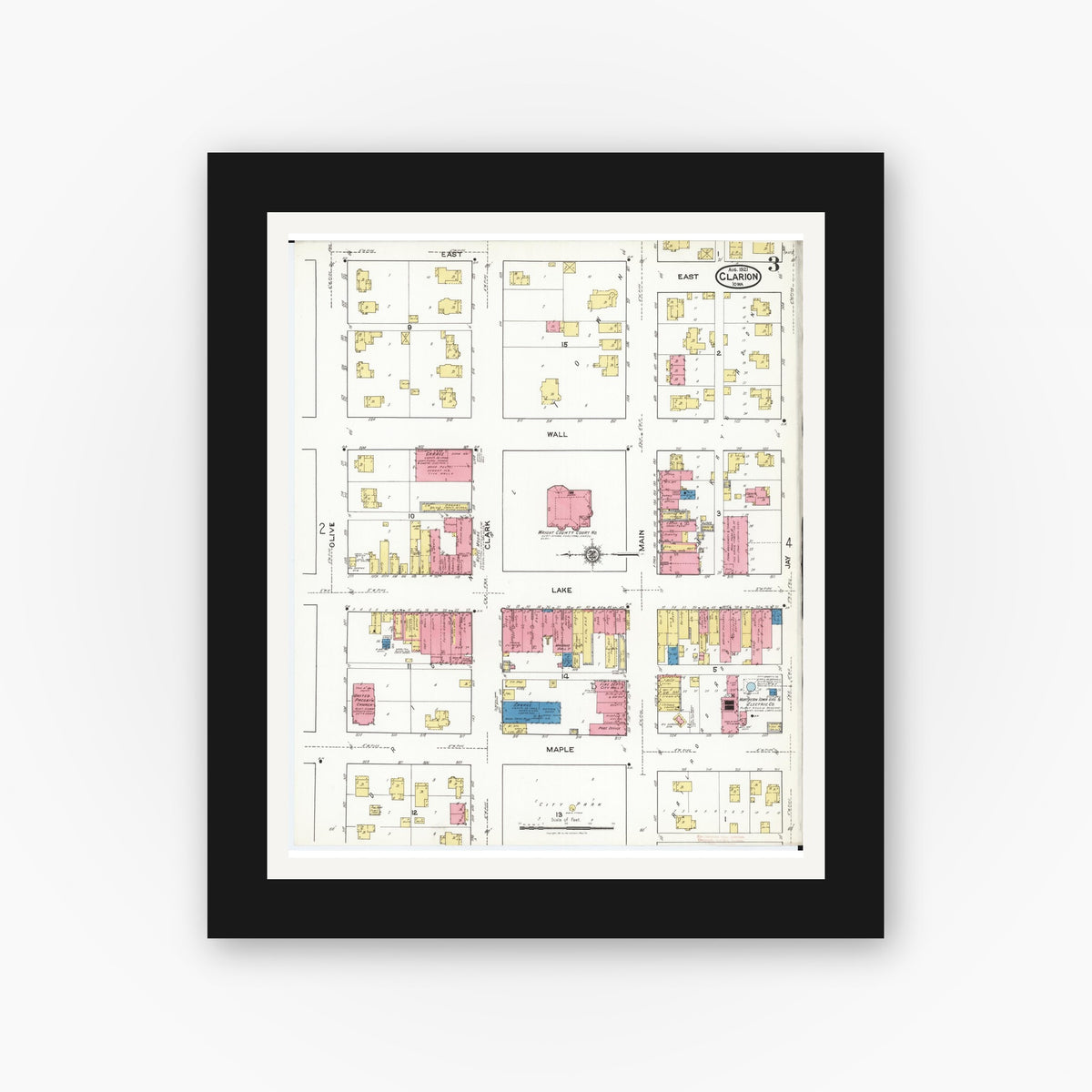 Old map wall art mockup — black gallery frame with white mat — Sanborn Fire Insurance Map from Clarion, Wright County, Iowa (1921), Sheet #0003