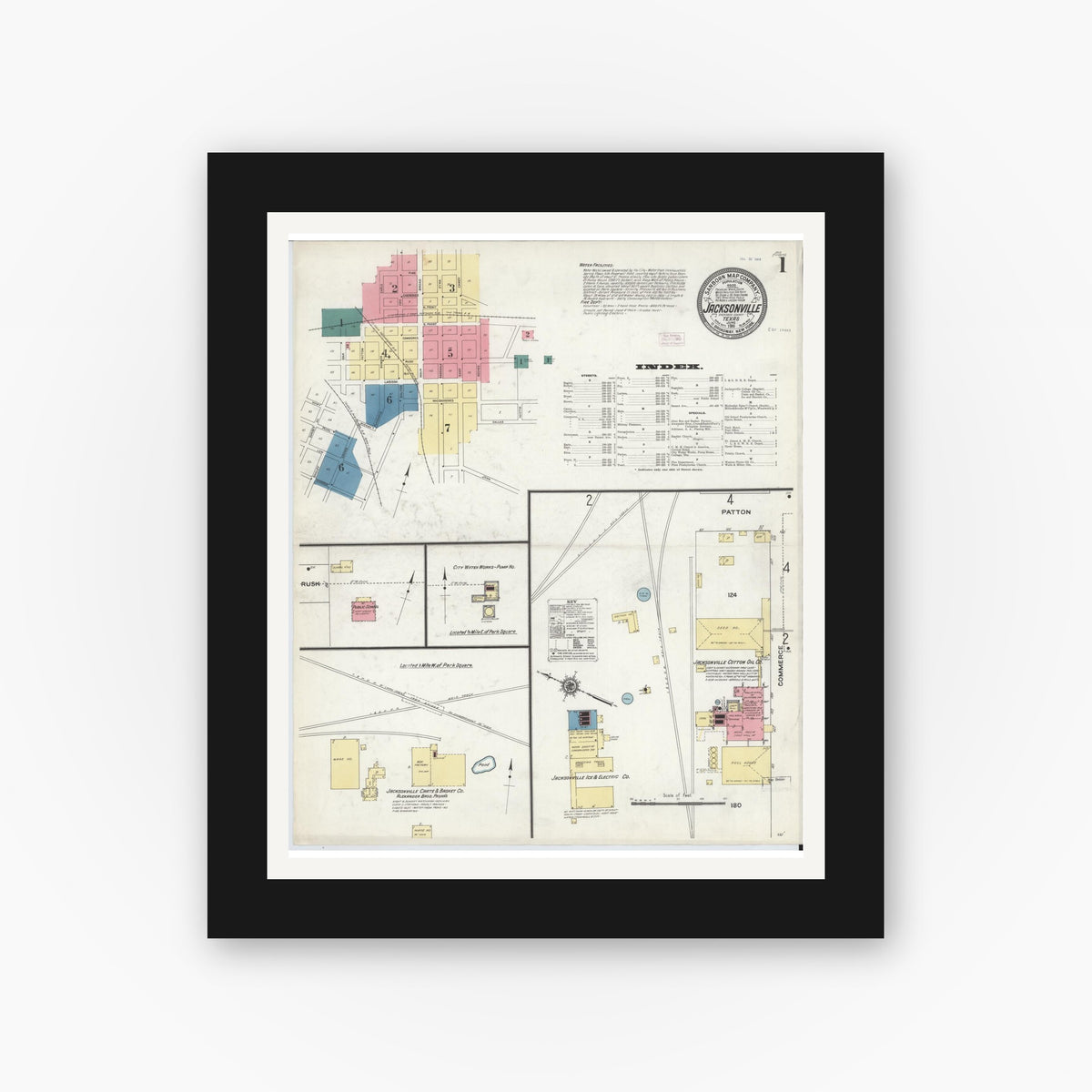 Old map wall art mockup — black gallery frame with white mat — Sanborn Fire Insurance Map from Jacksonville, Cherokee County, Texas (1911) - Complete Map Set