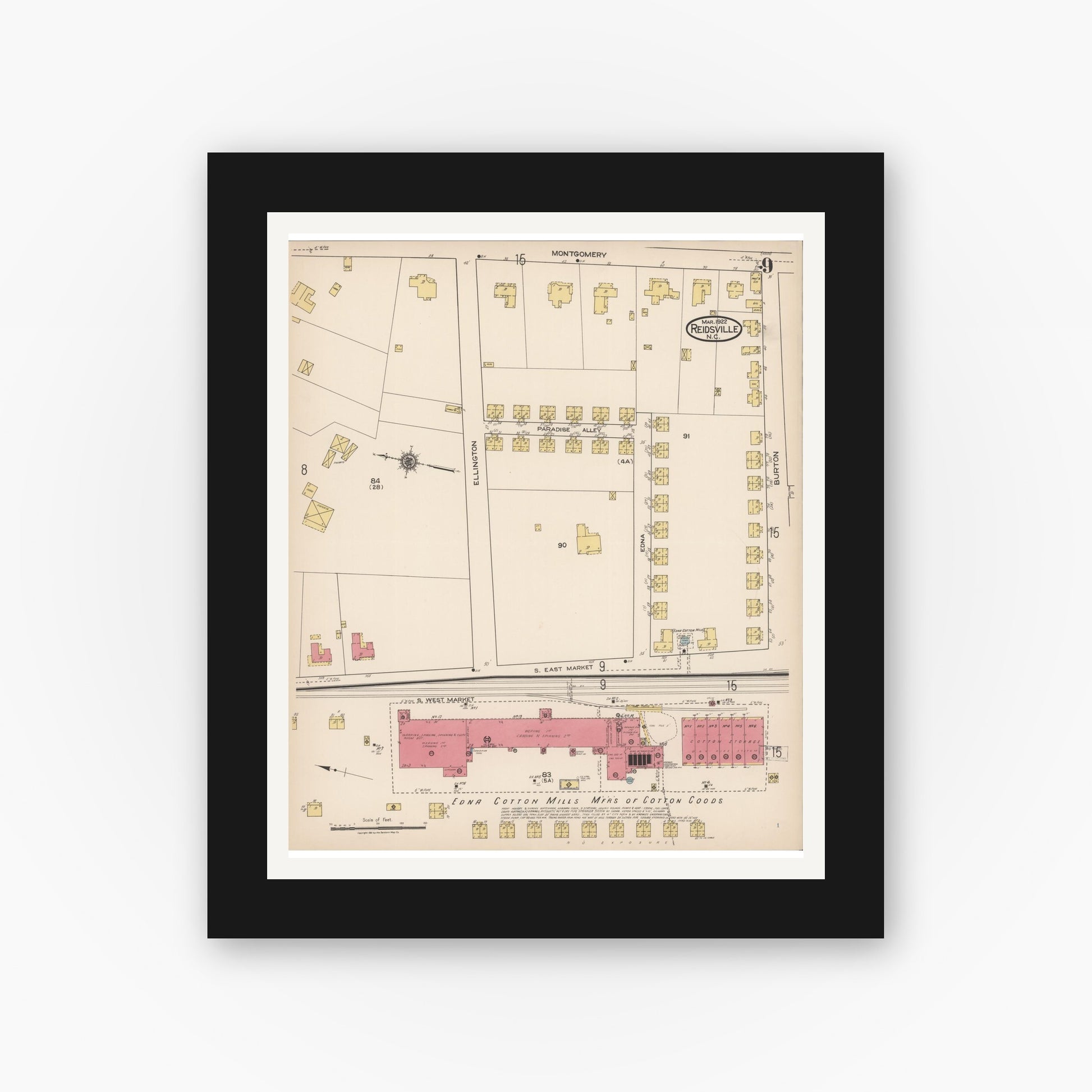 Old map wall art mockup — black gallery frame with white mat — Sanborn Fire Insurance Map from Reidsville, Rockingham County, North Carolina (1922), Sheet #0009