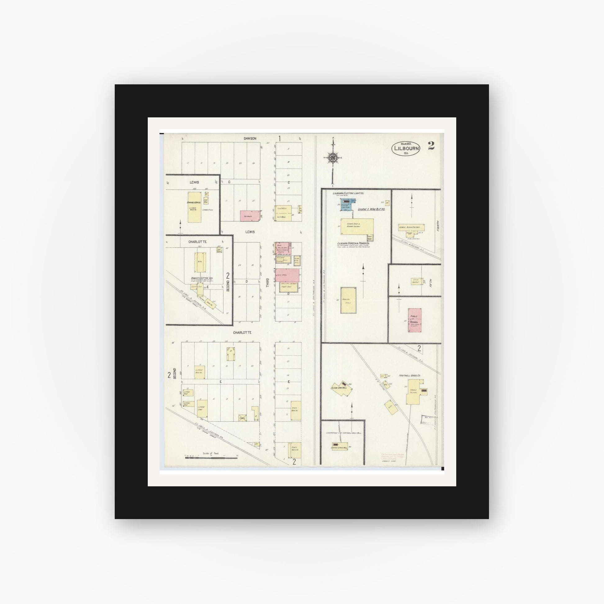 Old map wall art mockup — black gallery frame with white mat — Sanborn Fire Insurance Map from Lilbourn, New Madrid County, Missouri (1913), Sheet #0002