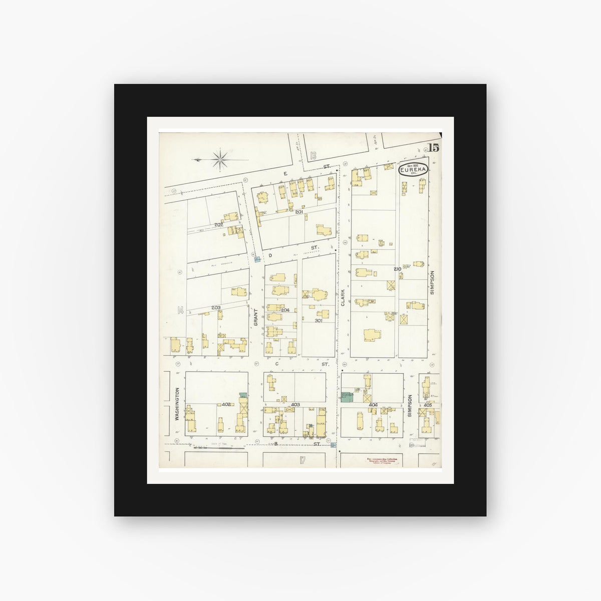 Old map wall art mockup — black gallery frame with white mat — Sanborn Fire Insurance Map from Eureka, Humboldt County, California (1892), Sheet #0015