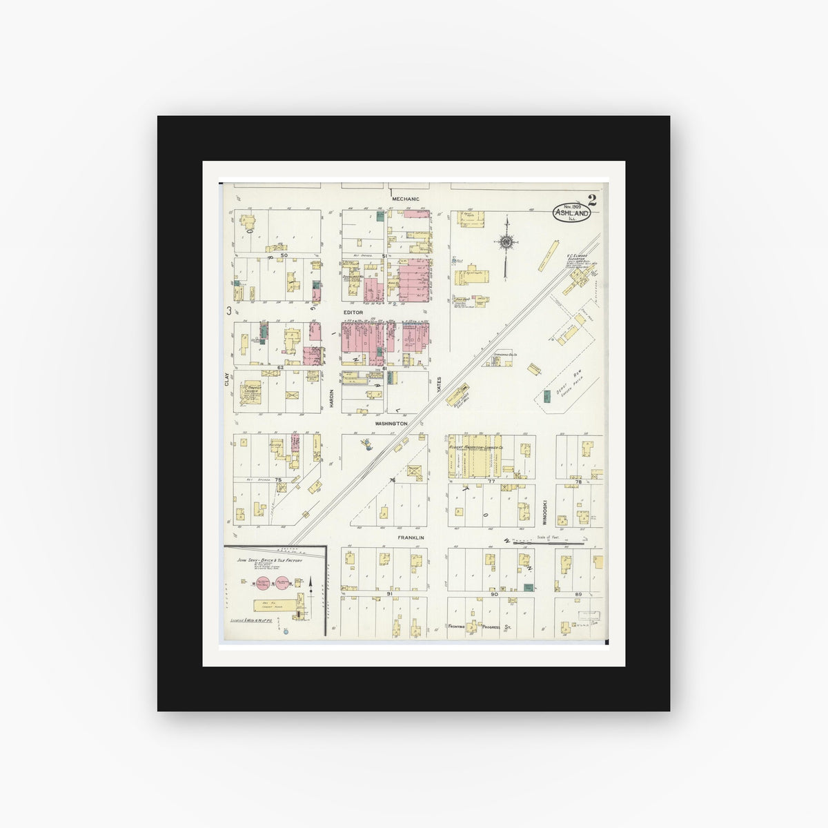 Old map wall art mockup — black gallery frame with white mat — Sanborn Fire Insurance Map from Ashland, Cass County, Illinois (1909), Sheet #0002