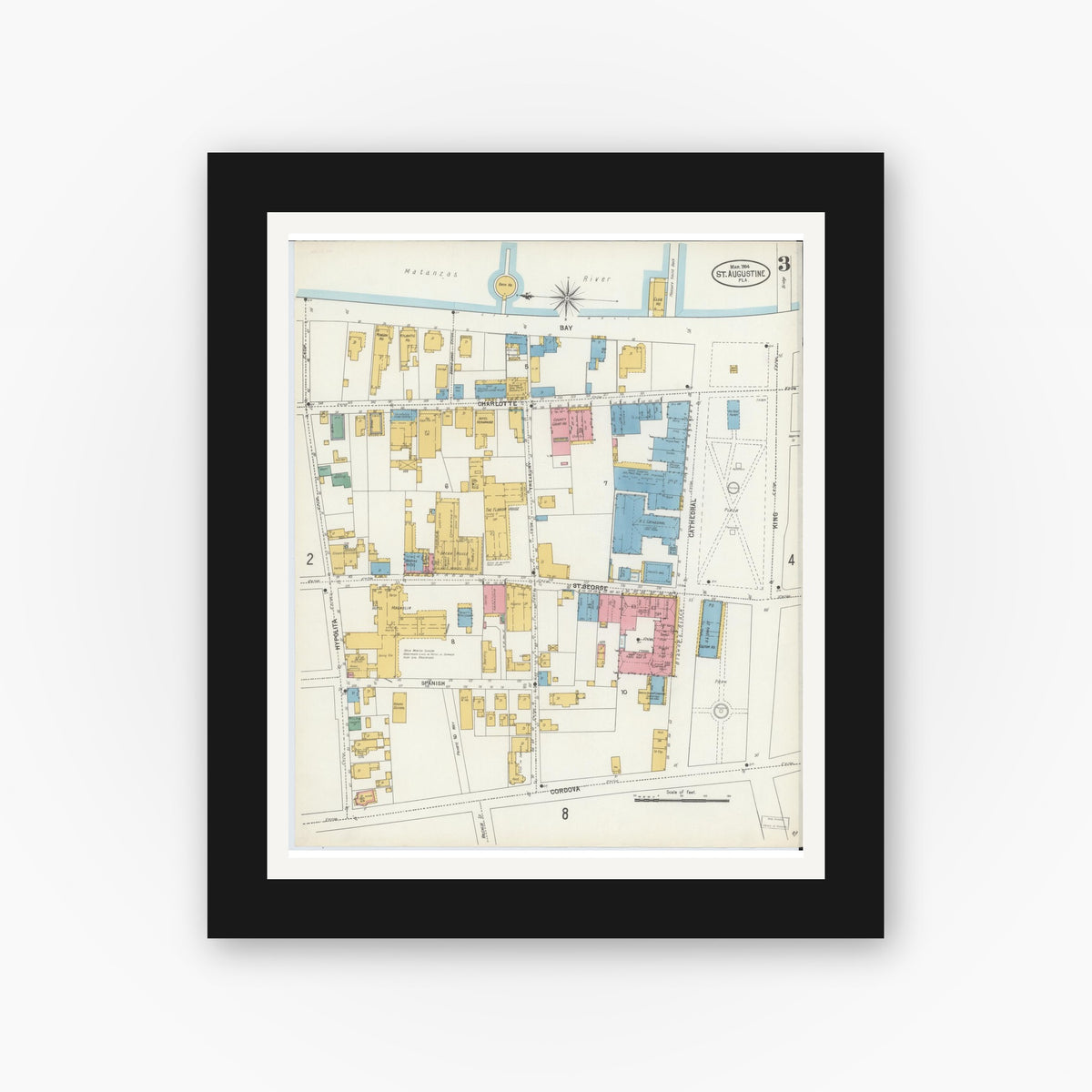 Old map wall art mockup — black gallery frame with white mat — Sanborn Fire Insurance Map from Saint Augustine, Saint John's County, Florida (1904), Sheet #0003