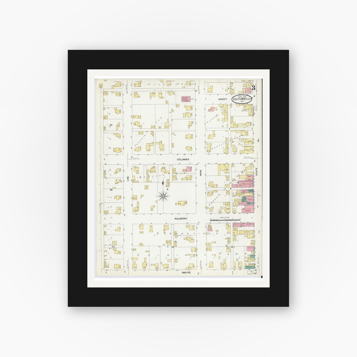 Old map wall art mockup — black gallery frame with white mat — Sanborn Fire Insurance Map from South Whitley, Whitley County, Indiana (1907), Sheet #0003