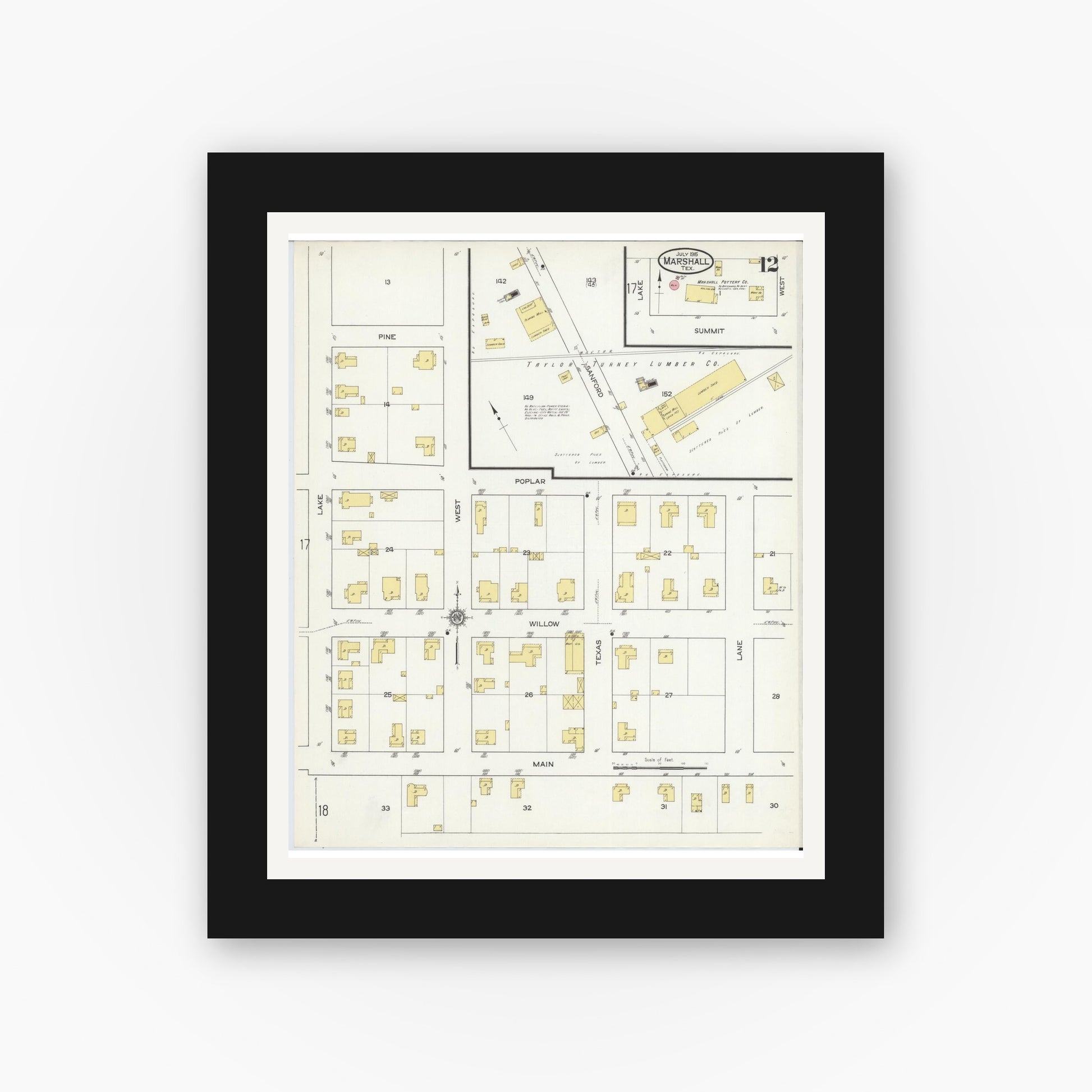 Old map wall art mockup — black gallery frame with white mat — Sanborn Fire Insurance Map from Marshall, Harrison County, Texas (1915), Sheet #0012