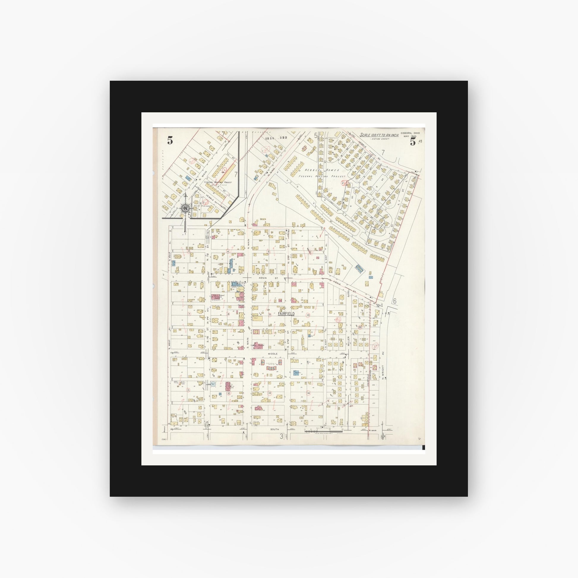 Old map wall art mockup — black gallery frame with white mat — Sanborn Fire Insurance Map from Osborn, Greene County, Ohio (1943), Sheet #0005