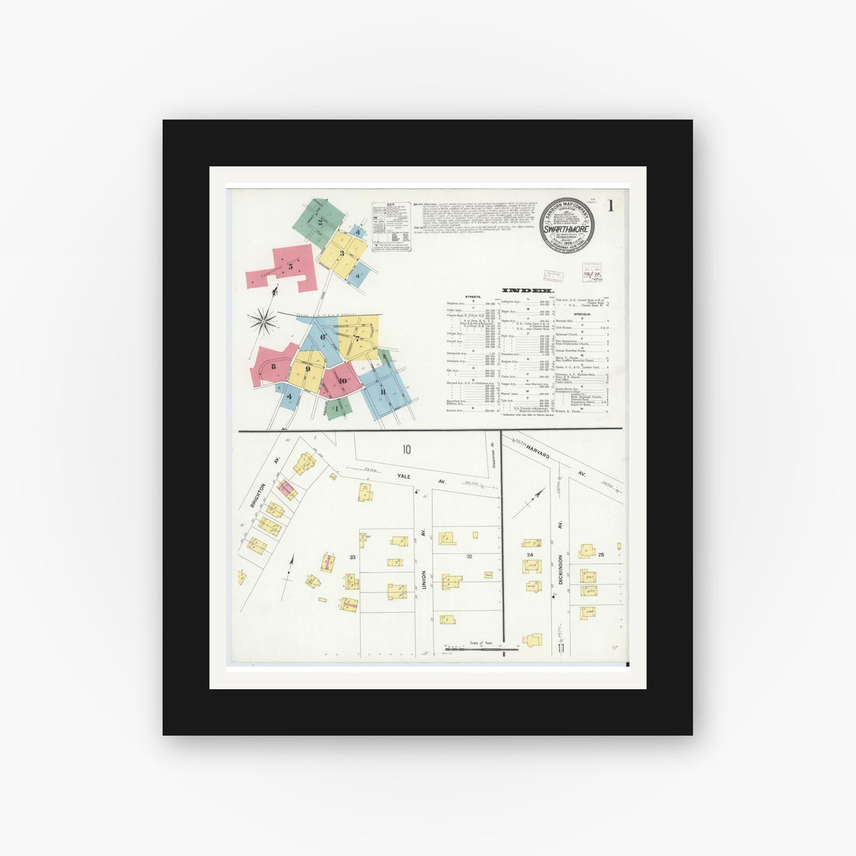 Old map wall art mockup — black gallery frame with white mat — Sanborn Fire Insurance Map from Swarthmore, Delaware County, Pennsylvania (1909) - Complete Map Set